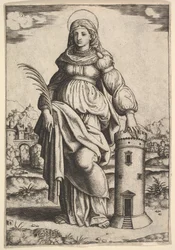 Sainte Barbe debout, une palme dans sa main droite, reposant sa main gauche sur une tour