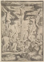 La conversion du centurion qui ouvre les bras devant le Christ sur la croix, 1532
