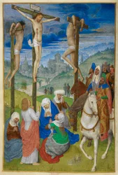 La Crucifixion. Heures de la Croix. Christ sur la croix entre les deux voleurs, avec plusieurs figures; trois à cheval. Saint Jean se tient debout, et la Vierge et les Trois Maries sont assises au pied de la croix. Une vue de Jérusalem en arrière-plan.