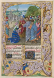 La femme de Canaan implore le Christ de chasser le démon de sa fille. Texte avec initiales décorées 