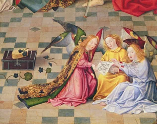 Musiciens anges du panneau droit du retable des Sept Joies de la Vierge, vers 1480 (détail)