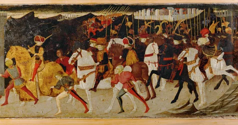 Groupe de cavaliers à cheval (tempera sur bois)