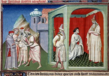 Jean de Mandeville et le Sultan. Controverse entre chrétiens et musulmans représentée par Jean de Mandeville, explorateur de Liège (1300-1372) et le Sultan des Sarrasins. Miniature dans "Le Livre des Merveilles du Monde" Ms. 2810 Folio 175v. Manuscrit