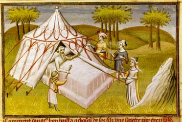 Le chef mongol Gengis Khan sur son lit de mort donnant ses dernières recommandations à ses fils, c.1410 (miniature)