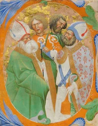 Enluminure de manuscrit avec quatre saints dans une initiale O, d