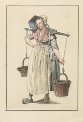 Femme paysanne avec deux paniers sur un joug