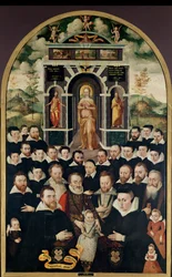 Panneau allégorique représentant la Vierge, Henri IV et les courtisans, donateurs, son épouse et les membres de leur famille