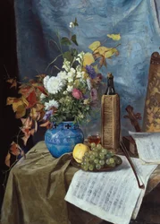 Arrangement avec bouteille de vin, fleurs et fruits
