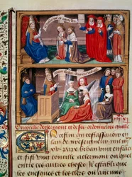 Représentation du Concile de Clermont en 1095 présidé par le pape Urbain II prêchant la première croisade. Miniature tirée du manuscrit « Speculum historiale » (Le Miroir historial) de Vincent de Beauvais