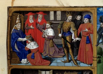 Scènes de la vie de Charlemagne (742-814) Roi des Francs : le couronnement par le Pape Léon III. Miniature tirée du manuscrit Speculum historiale (Le Miroir historial) par Vincent de Beauvais (1184/94-1264) enluminée par le Maître François (15e siècle)