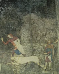Hommes chassant avec des chiens (détail du schéma décoratif de La Chambre du Cerf)