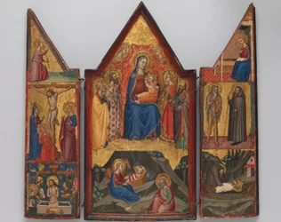 Madone et Enfant en trône avec des saints... , et en bas la Nativité..., vers 1380-1390