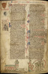 Royal 14C VII, f.138v Abbaye de Westminster et le sanctuaire de Saint-Édouard; à droite, le pape Innocent IV au concile de Lyon, illustration de 