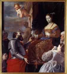 Sophonisbe (235-203 av. J.-C.) prenant le poison. Massinissa a empoisonné sa femme Sophonisbe, reine de Numidie, plutôt que de la livrer à Rome. Peinture par Mattia Preti (1613-1699)