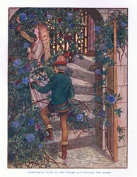 Ermentrude monta les escaliers et cueillit les roses, illustration de Contes de fées de Lady Ann, 1914
