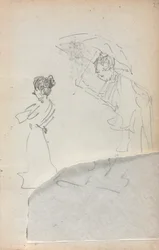 Carnet de croquis italien : Femme debout de profil et homme avec un parapluie page 2