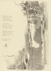 Illustration avec femme nue debout entre des arbres près d