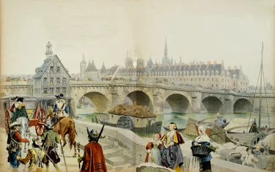 Histoire de France : Exilée au château de Blois par son fils Louis XIII, Marie de Médicis (1575-1642) et sa suite quittent Paris en 1617. Illustration de Maurice Leloir (1853-1940) dans « Richelieu »