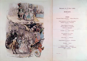 Menu de mariage avec illustration de Maurice Leloir (1851-1940) de bals en costumes et scènes galantes, 6/04/1900
