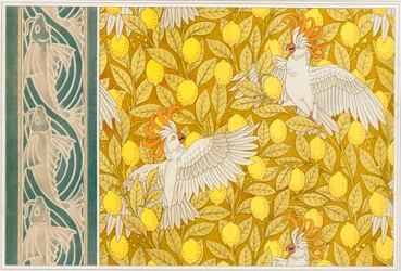 Projet de papier peint avec cacatoès et citrons et de bordure de papier peint avec poissons volants, publié en 1897