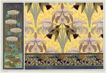 Conception pour bordure de papier peint, tissu et panneau : "Libellules; Nénuphars et Joncs fleuris", Colibris et Orchidées" et Colibris et Fougère Maiden Hair" de 