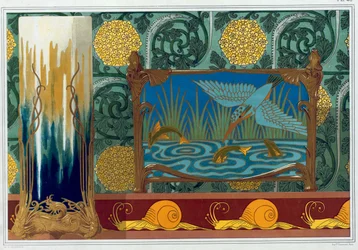 Designs for Bronze Vase Support, Wallpaper and border, and Enamel and Bronze Jardiniere, pub. 1897