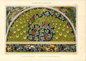 Motifs de paon et de lièvre comme composition décorative Art nouveau