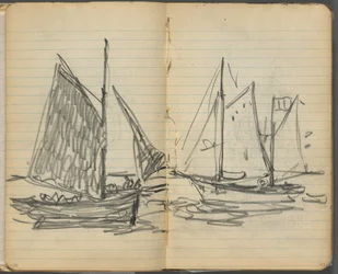 Carnet de croquis, pages 156 et 157 : Vue de voiliers