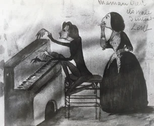 Caricature de Franz Liszt (1811-1886) et George Sand (1804-1876) à Nohant en 1832, dessin de Maurice Sand (1825-1889)