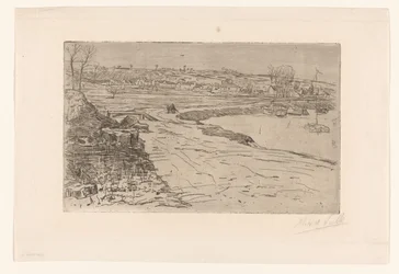 Paysage avec maisons et eau avec bateaux à voile amarrés