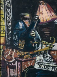 Nature morte avec bouteille de schnaps de travers et Bouddha