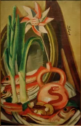 Nature morte avec poissons et fleur en papier