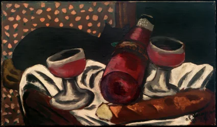 Nature morte avec verres à vin et chat