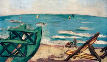 Plage avec bateau et chaise longue