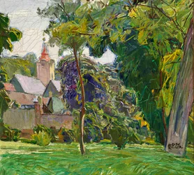 August Rieger Paysage de parc avec église