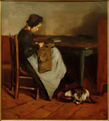 Fille cousant avec un chat - Intérieur hollandais