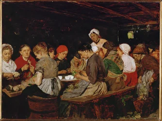 Femmes dans une conserverie (huile sur bois d