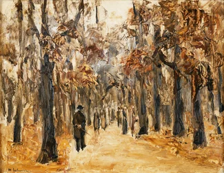 Jardins zoologiques en automne avec des figures marchant; Tiergarten im Herbst mit Spaziergangern