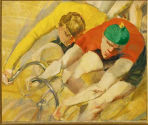 " Sechstagerennen ", la célèbre course cycliste de six jours au stade Sportpalast de Berlin (peinture sur toile)