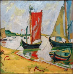 Scène côtière avec des bateaux de pêcheurs sur la lagune de Courlande