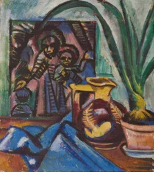 Nature morte avec cruche et plante à feuilles