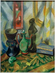 Nature morte avec vase, cruche mauresque et figurine en bois