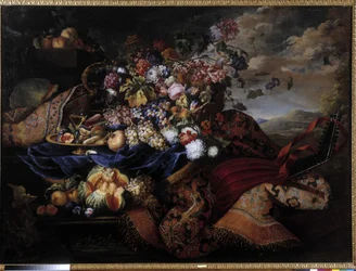 Panier de fruits, fleurs et luth sur tapis