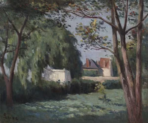 Scène de campagne avec trois maisons et des arbres