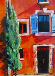 Maison rouge, volets bleus