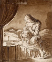Scène nocturne - Femme nourrissant son enfant, vers 1900
