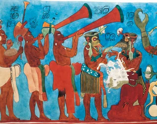 Reproduction des fresques de Bonampak, détail avec musiciens du Mexique, Chiapas, Bonampak