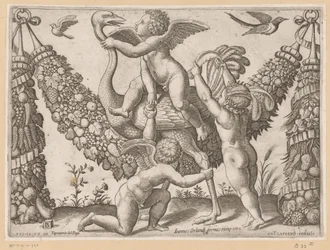 Trois putti et une autruche (série Tapisseries du pape, Tapezzerie de Papa)