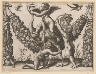 Trois putti et une autruche (Tapisserie du pape)