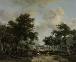 Paysage boisé avec joyeux compagnons dans une charrette